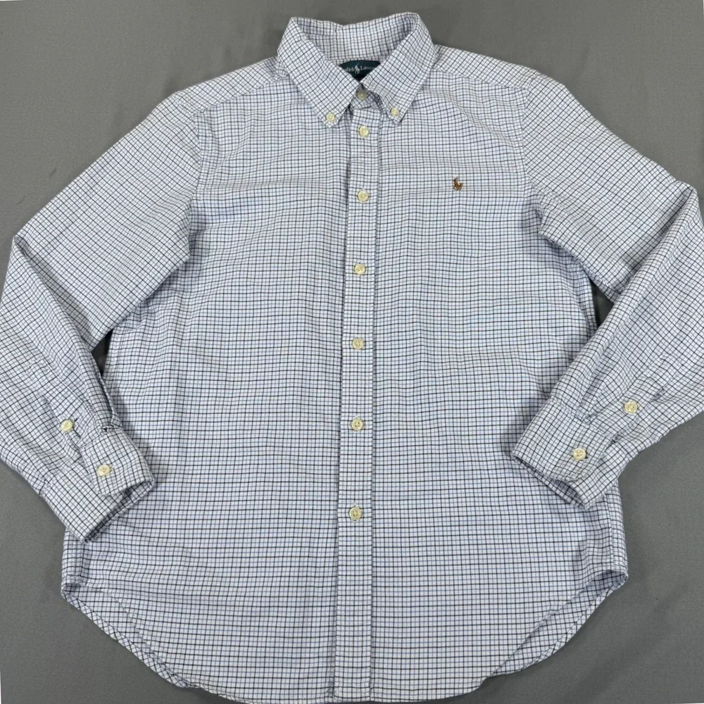 Ralph Lauren Boys L 14-16 Blue Check Button Front Long Sleeve Cotton Shirt Pony
